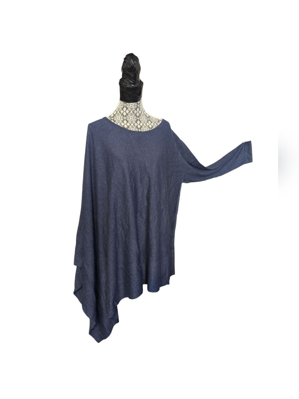 MarlaWynne Blue Poncho-Style Sweater with Asymmetrical Hem